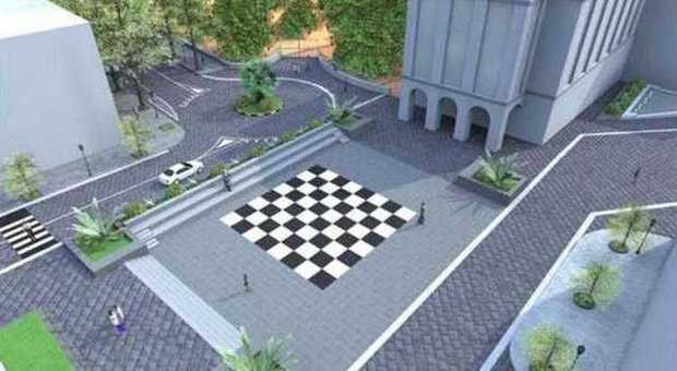Progettazione 3D Piazza Abbro Immagine in 3D di Piazza Abbro con scacchiera.