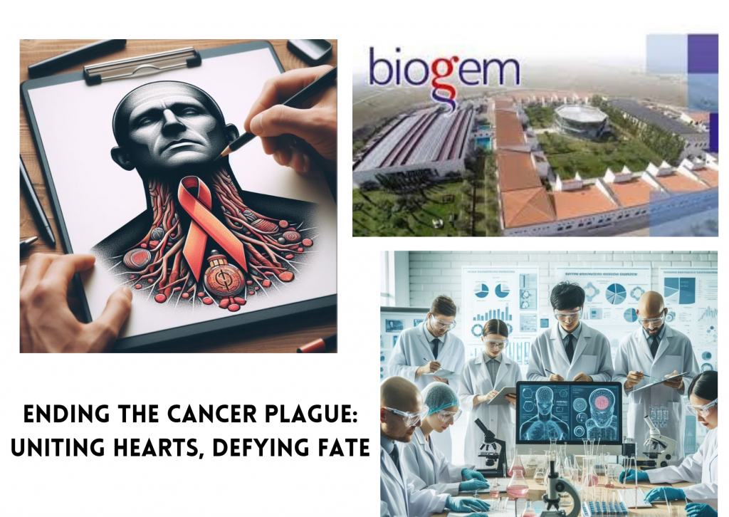 Ending the Cancer Plague: Uniting Hearts, Defying Fate - "Fight for Health" A man is drawing a head, highlighting the larynx with a symbolic bow representing the fight against tumors. Next to it, there is an image of Biogem scarl and researchers working towards combating this disease