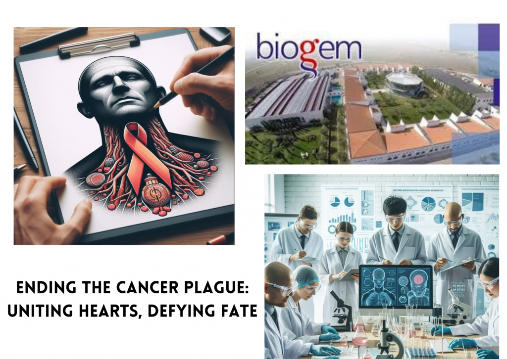 A man is drawing a head, highlighting the larynx with a symbolic bow representing the fight against tumors. Next to it, there is an image of Biogem scarl and researchers working towards combating this disease