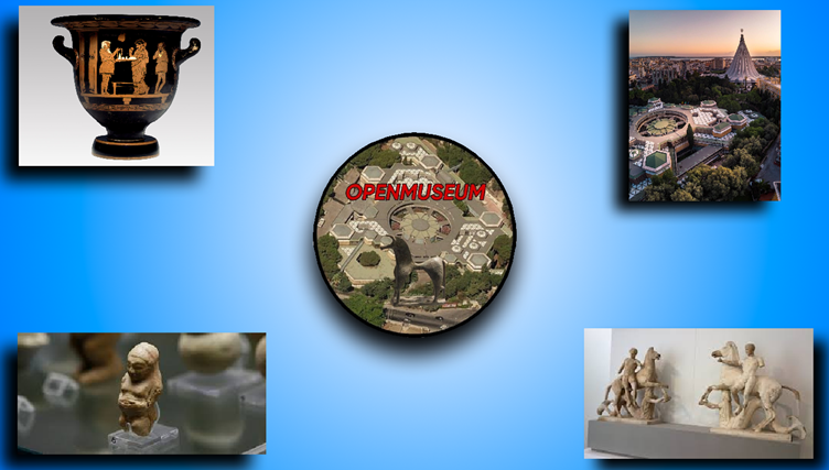 OpenMuseum - 4DS - Raccontiamo la nostra ricerca Logo del gruppo OpenMuseum e foto provenienti dal Museo Archeologico Regionale Paolo Orsi di Siracusa