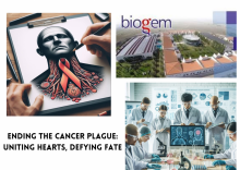 Ending the Cancer Plague: Uniting Hearts, Defying Fate - "Fight for Health" A man is drawing a head, highlighting the larynx with a symbolic bow representing the fight against tumors. Next to it, there is an image of Biogem scarl and researchers working towards combating this disease