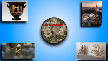 OpenMuseum - 4DS - Raccontiamo la nostra ricerca Logo del gruppo OpenMuseum e foto provenienti dal Museo Archeologico Regionale Paolo Orsi di Siracusa